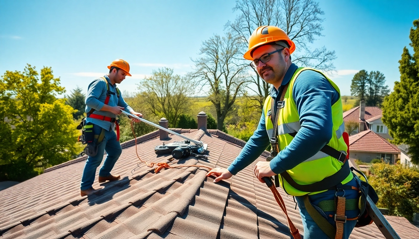 Technicians performing dakonderhoud arnhem on a residential roof, ensuring proper maintenance and safety.