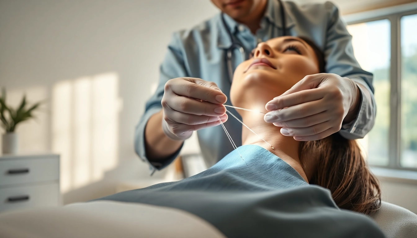 Practitioner executing a neck thread lift treatment, showcasing precision and calm in a serene environment.