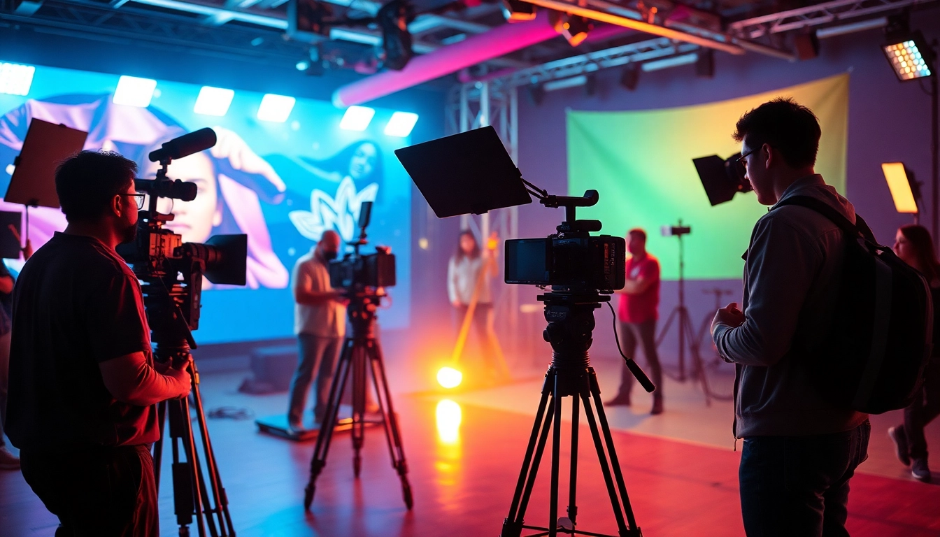 Showcasing a bustling 영상프로덕션 set with professional cameras and lighting equipment.