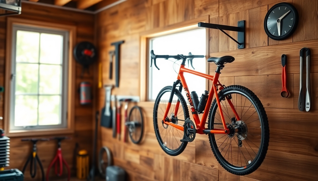 Explore a stylish Bicycle wall hanger supporting a vibrant bike in a modern garage setting.