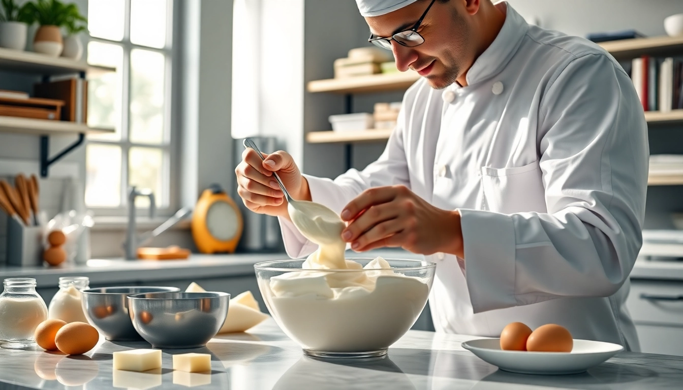 Mousseline cream being prepared by a chef in a bright kitchen environment