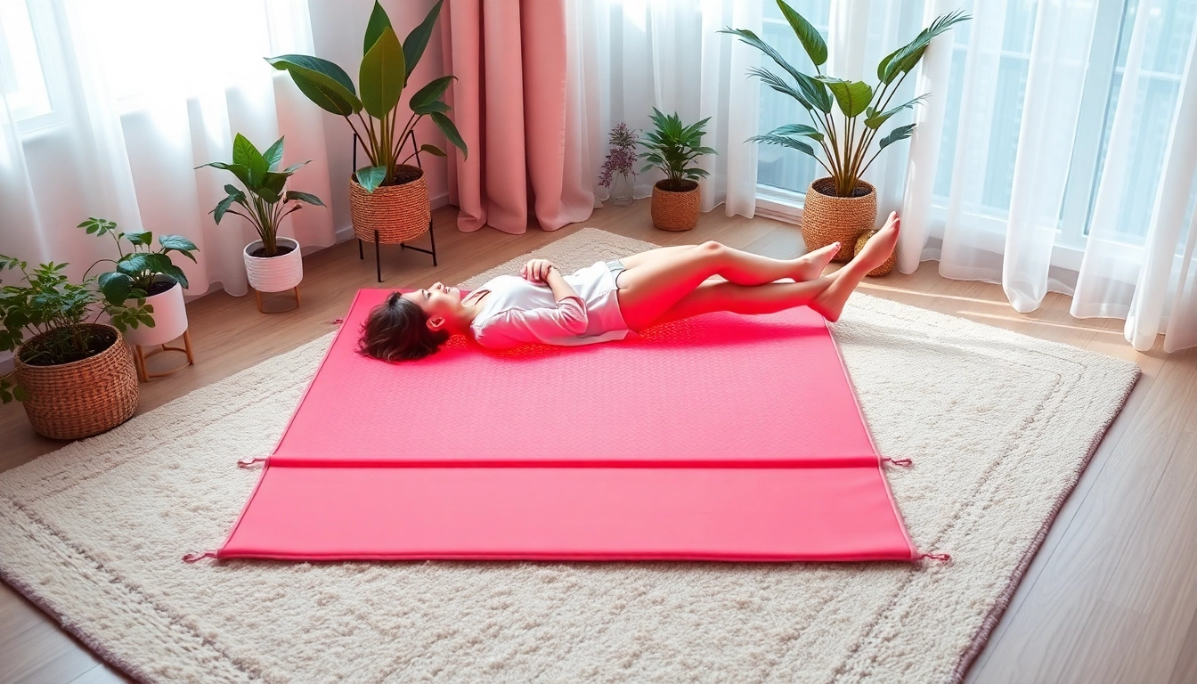 Attendee using a red light therapy mat fullbody on a cozy rug in a tranquil home environment