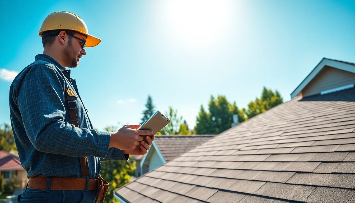 Inspecting roofing in Vancouver Wa with clear skies and vibrant community backdrop.