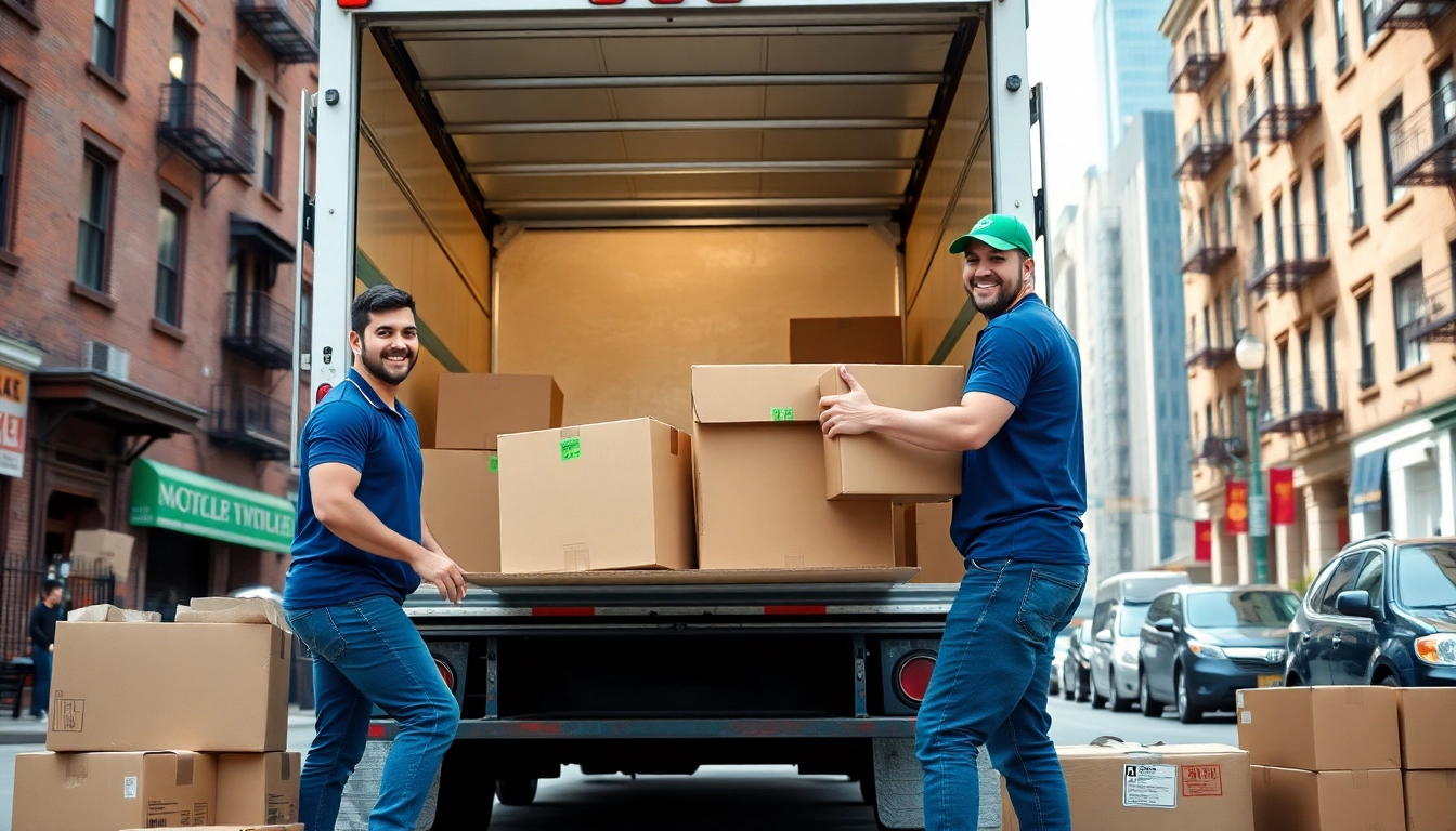 Bronx movers efficiently loading a truck in a vibrant urban setting.