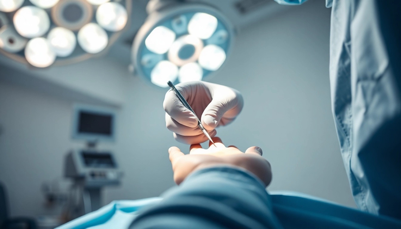 Handchirurgie Braunschweig: Hand surgeon performing delicate surgery with precision in a bright operating room.