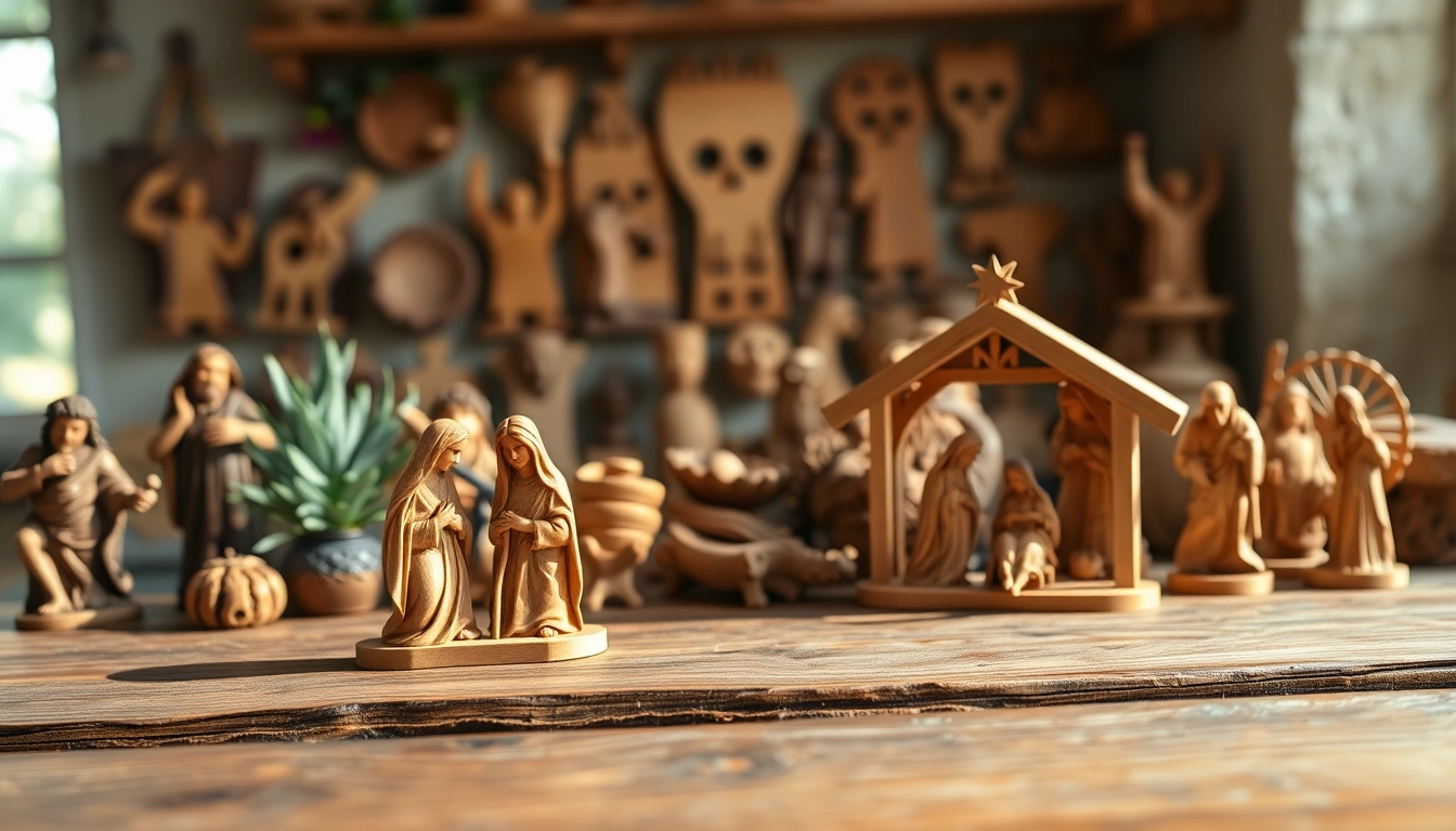 Admire beautiful olive wood carvings showcased in a serene setting with intricate details.